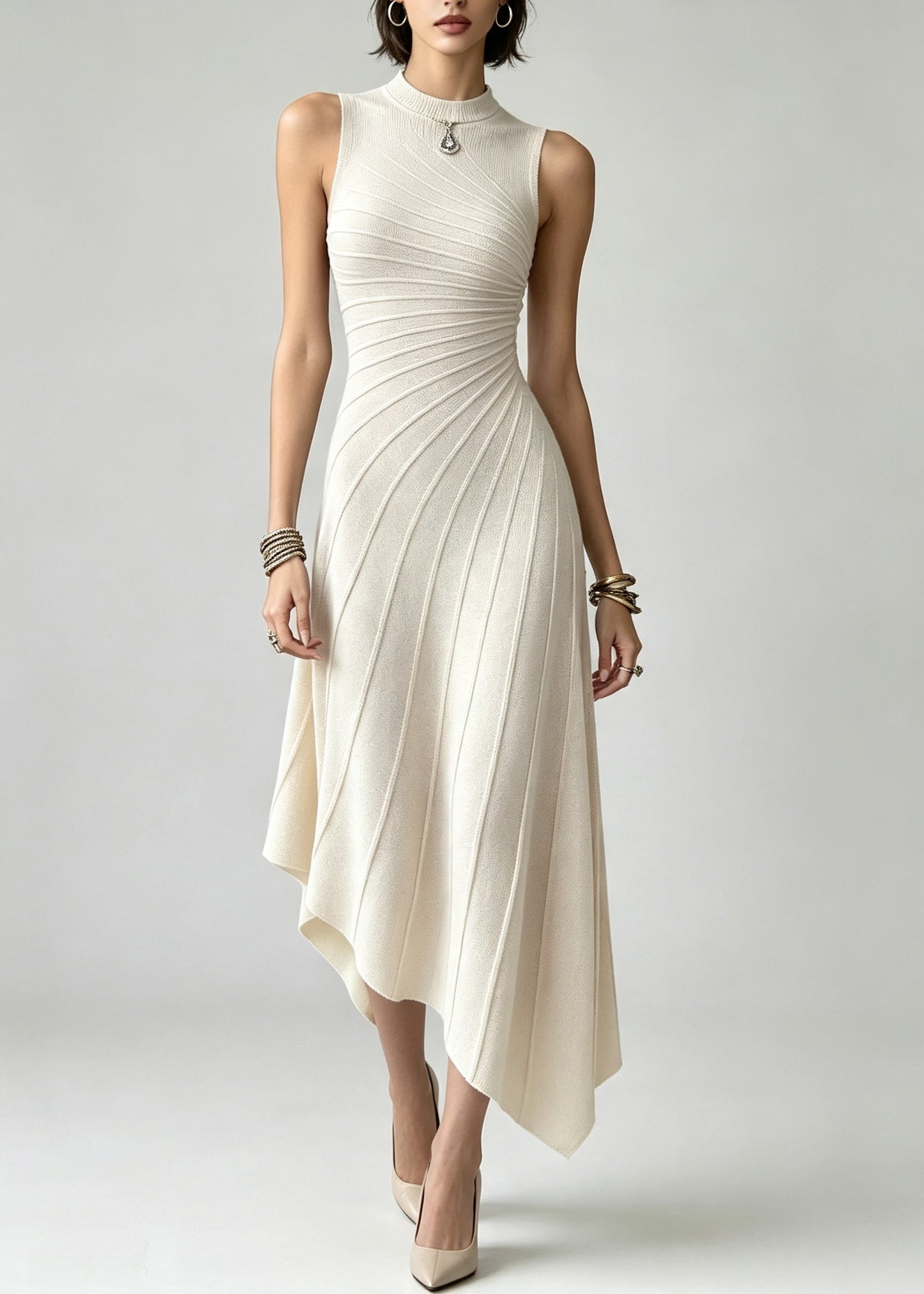 Silm Fit Beige Asymmetrical Striped Cotton Maxi Dresses Sleeveless