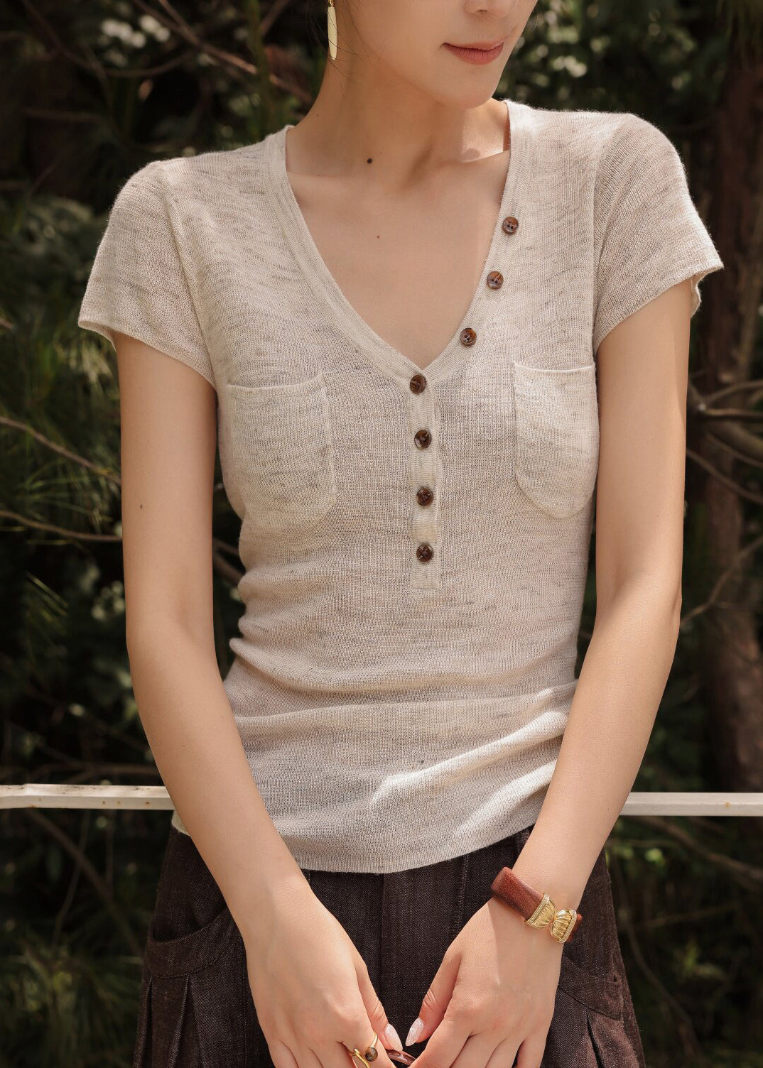 Silm Fit Beige V Neck Button Knit Tops Summer