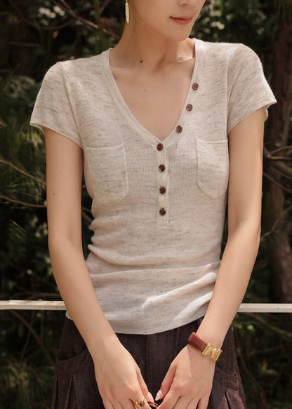 Silm Fit Beige V Neck Button Knit Tops Summer