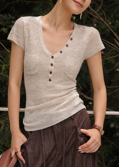 Silm Fit Beige V Neck Button Knit Tops Summer