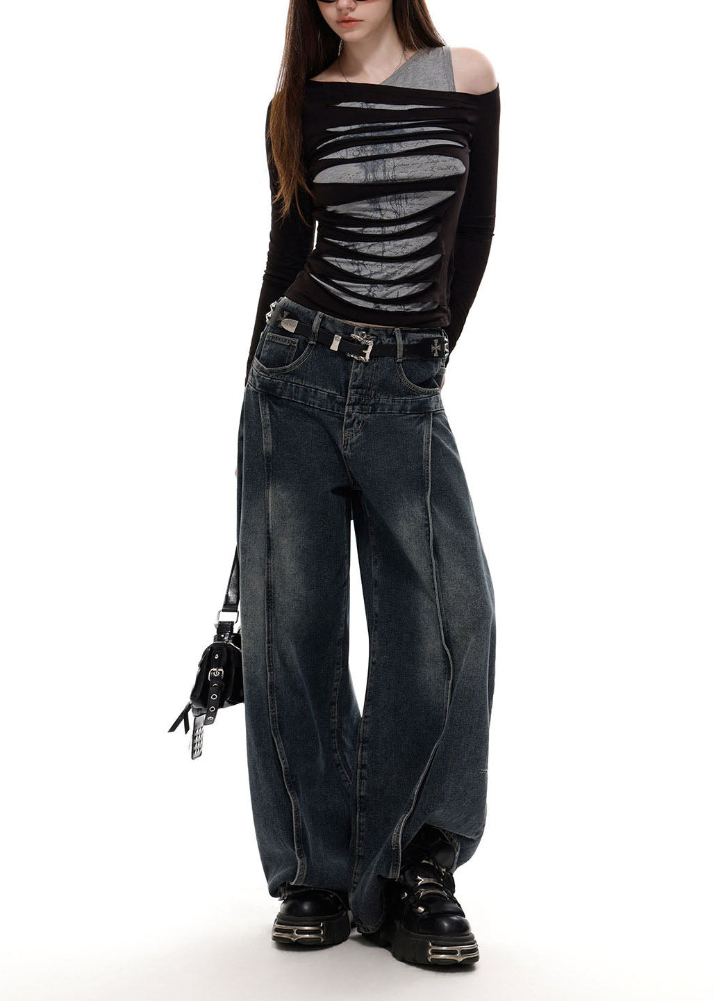 Silm Fit Black Asymmetrical Cotton Fake Two Piece Ripped Shirt Top Fall