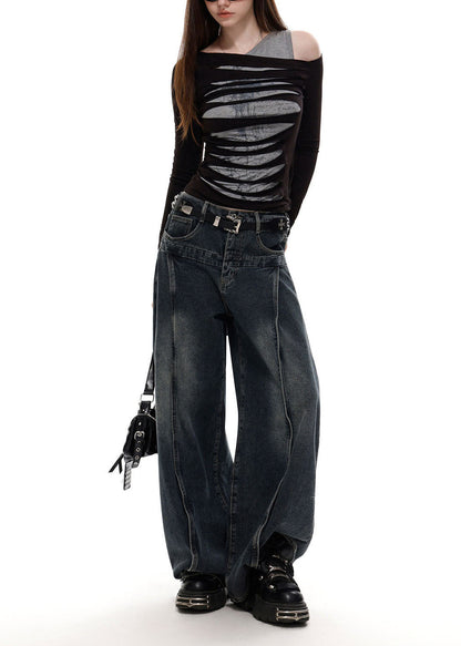 Silm Fit Black Asymmetrical Cotton Fake Two Piece Ripped Shirt Top Fall