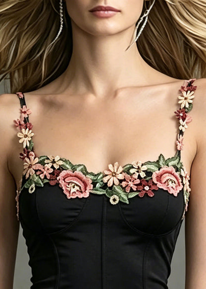 Silm Fit Black Embroideried Floral Cotton Vests Summer
