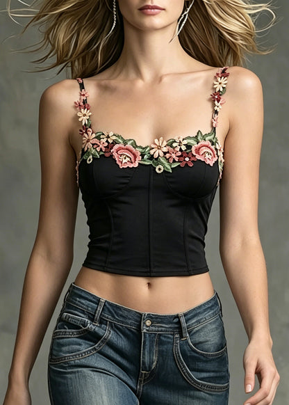 Silm Fit Black Embroideried Floral Cotton Vests Summer