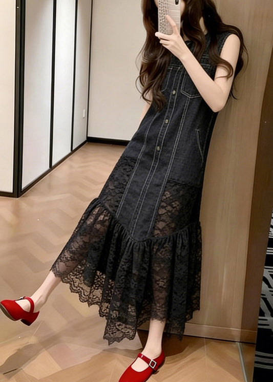 Silm Fit Black Lace Patchwork Denim Long Dresses Sleeveless