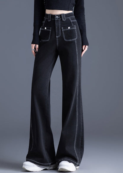 Silm Fit Black Pockets Patchwork Warm Fleece Denim Bell-bottom Trousers Winter