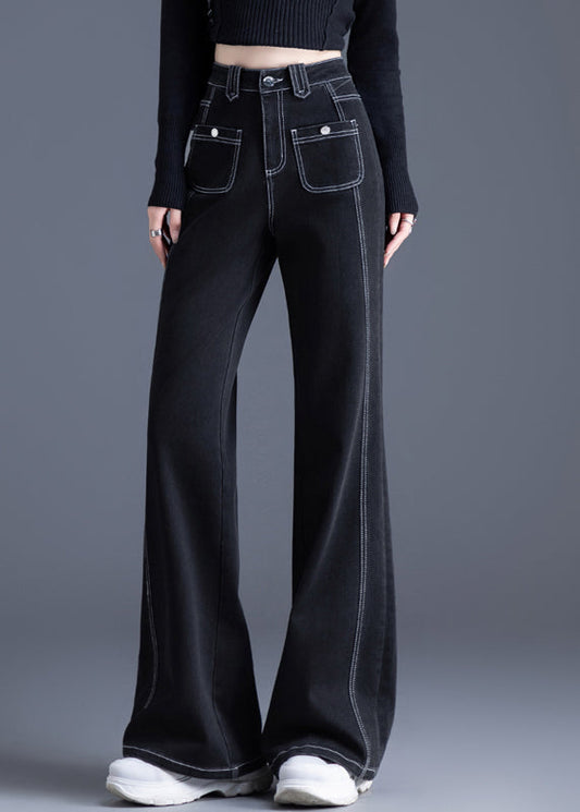 Silm Fit Black Pockets Patchwork Warm Fleece Denim Bell-bottom Trousers Winter