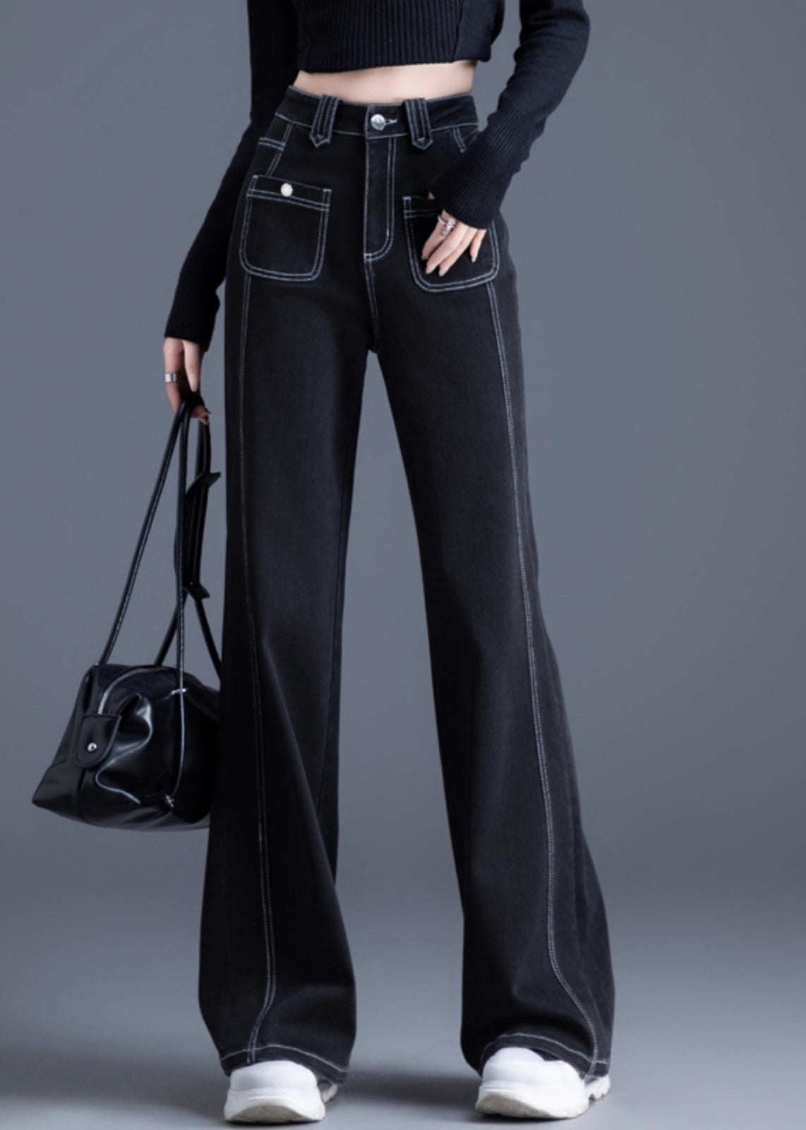 Silm Fit Black Pockets Patchwork Warm Fleece Denim Bell-bottom Trousers Winter