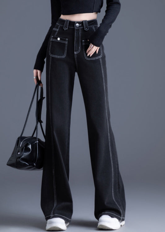 Silm Fit Black Pockets Patchwork Warm Fleece Denim Bell-bottom Trousers Winter