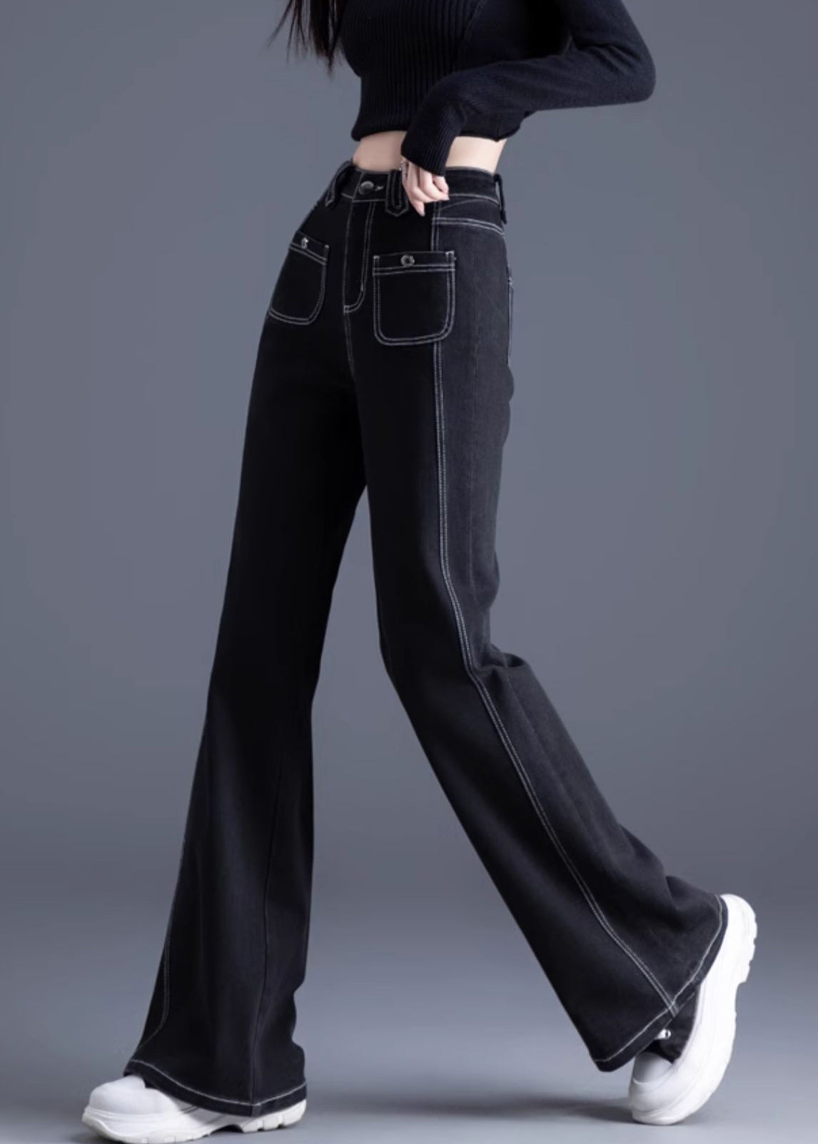 Silm Fit Black Pockets Patchwork Warm Fleece Denim Bell-bottom Trousers Winter