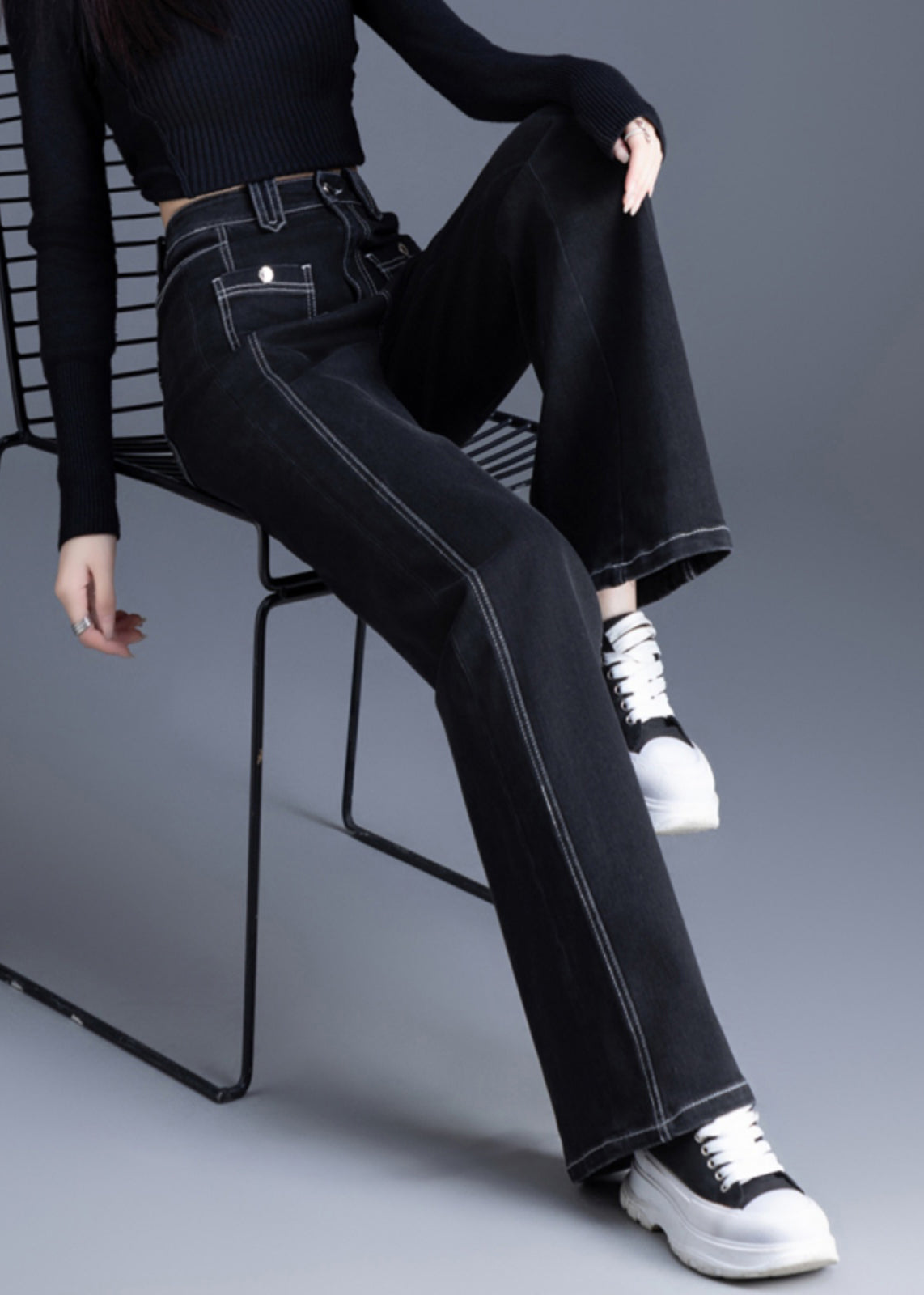 Silm Fit Black Pockets Patchwork Warm Fleece Denim Bell-bottom Trousers Winter