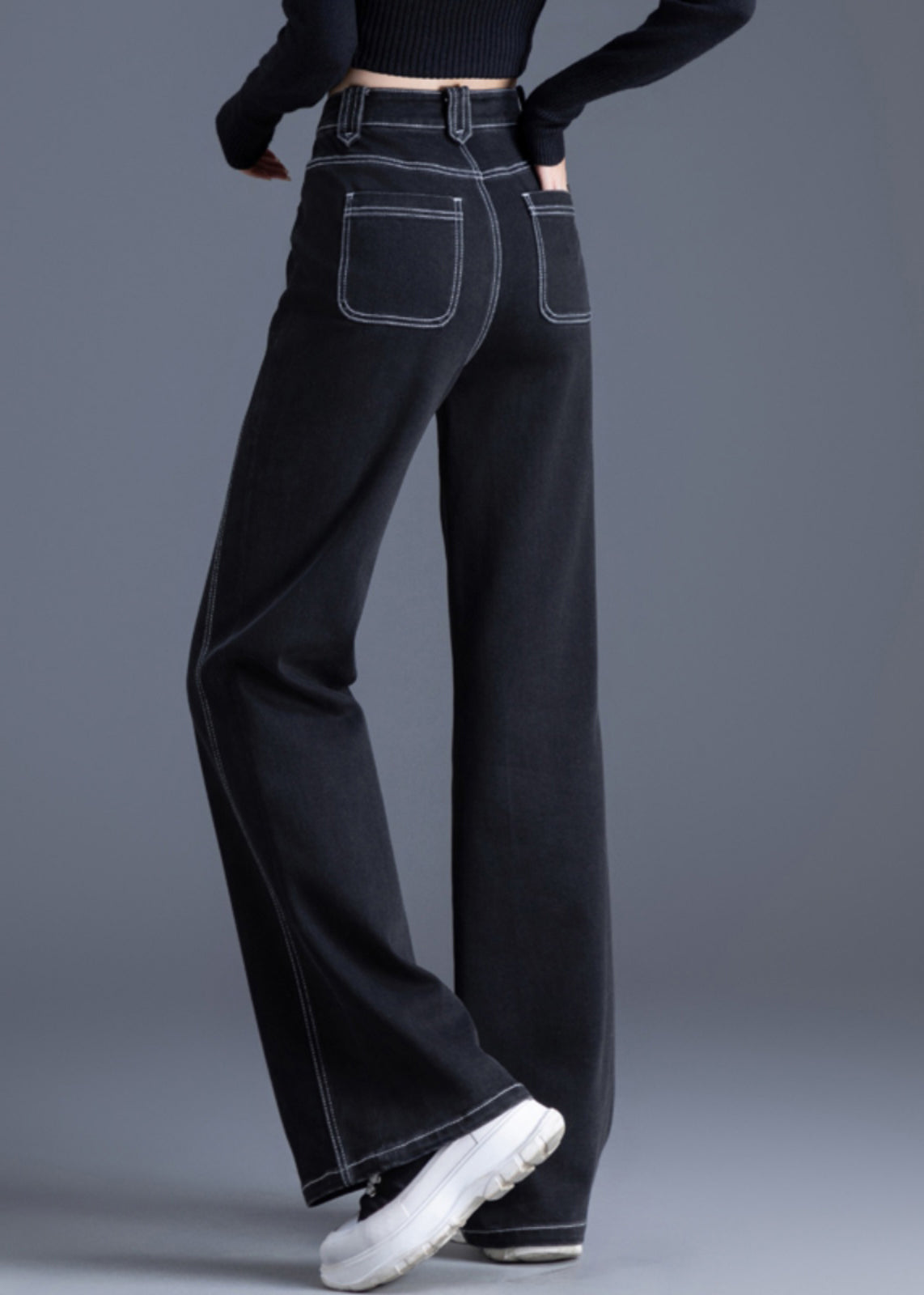 Silm Fit Black Pockets Patchwork Warm Fleece Denim Bell-bottom Trousers Winter