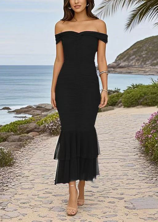 Silm Fit Black Strapless Wrinkled Party Dress Summer