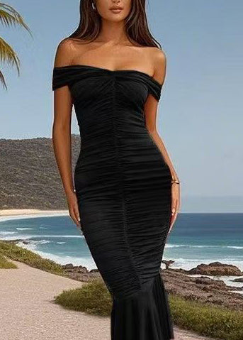 Silm Fit Black Strapless Wrinkled Party Dress Summer