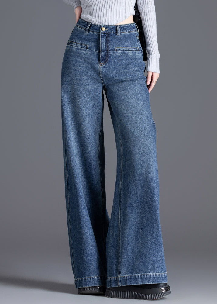 Silm Fit Blue High Waist Patchwork Denim Straight Pants Spring