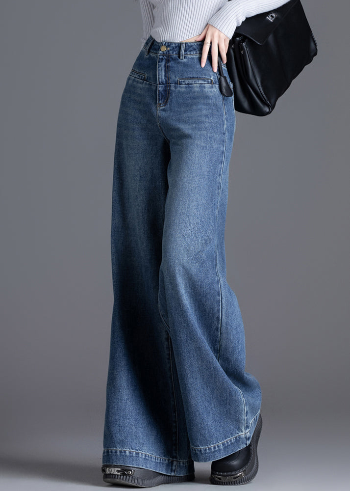 Silm Fit Blue High Waist Patchwork Denim Straight Pants Spring