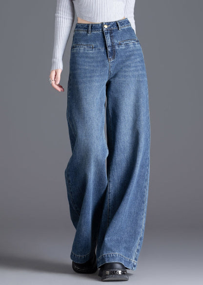 Silm Fit Blue High Waist Patchwork Denim Straight Pants Spring