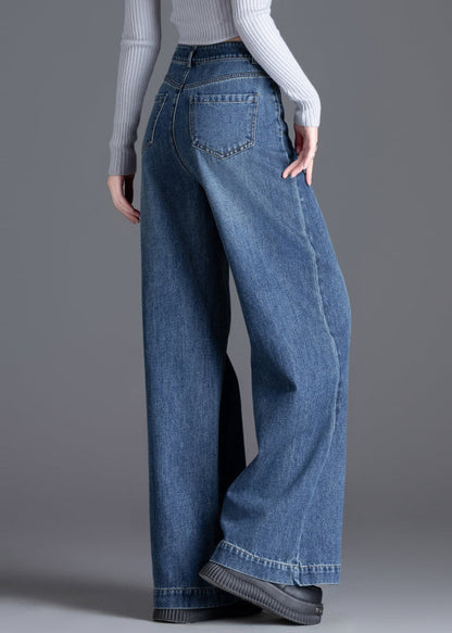 Silm Fit Blue High Waist Patchwork Denim Straight Pants Spring