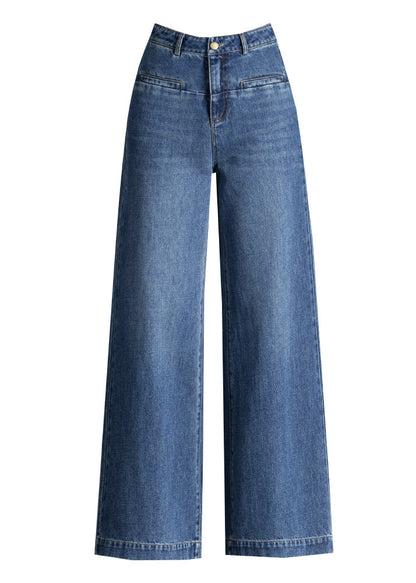 Silm Fit Blue High Waist Patchwork Denim Straight Pants Spring