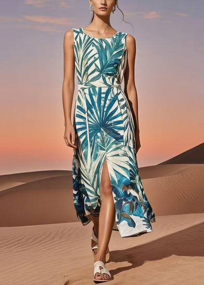 Silm Fit Blue Print Side Open Cotton Day Dress Summer