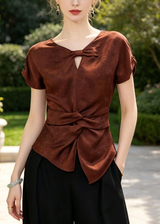 Silm Fit Brown Asymmetrical Hollow Out Cotton Blouse Top Summer