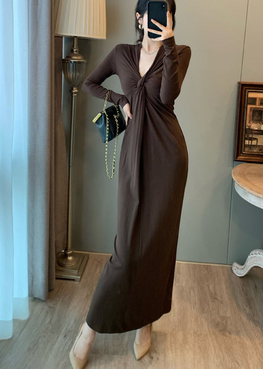 Silm Fit Chocolate V Neck Wrinkled Cotton Straight Dress Fall