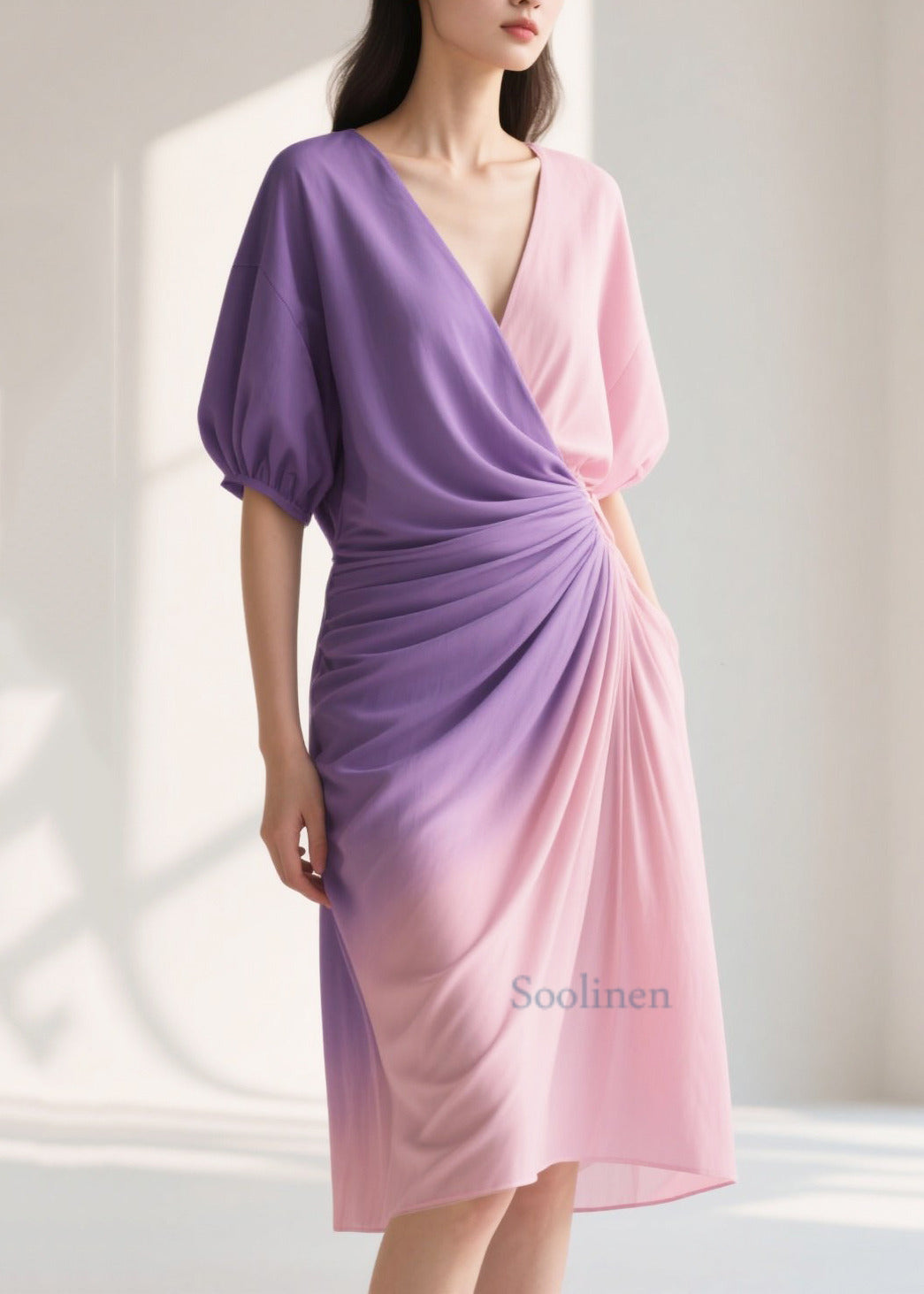 Silm Fit Gradient Color Wrinkled Chiffon Beach Dress Summer