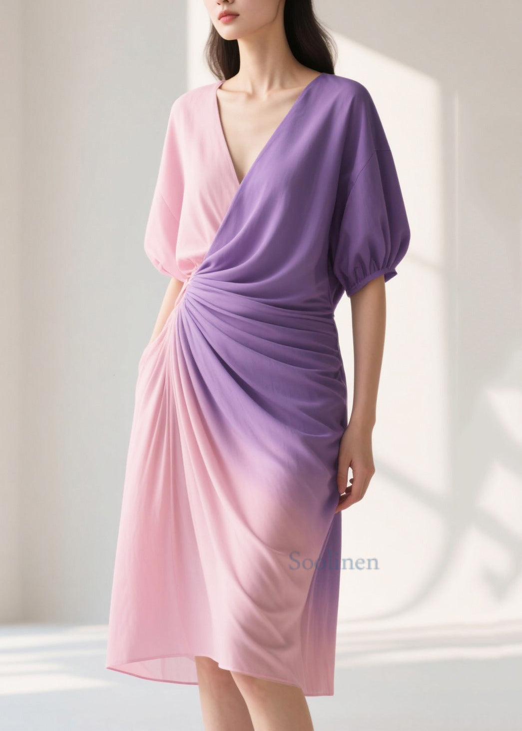 Silm Fit Gradient Color Wrinkled Chiffon Beach Dress Summer