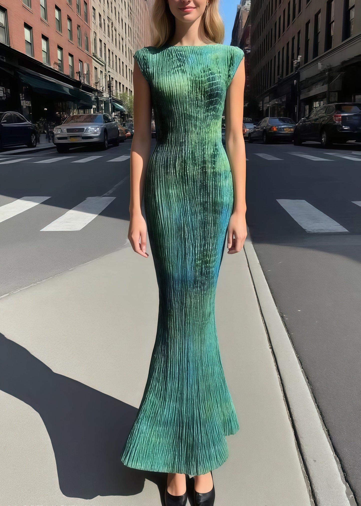 Silm Fit Green Tie Dye Wrinkled Silk Party Dresses Sleeveless