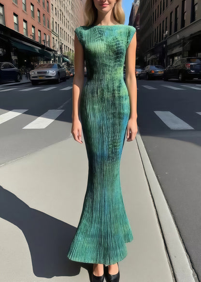 Silm Fit Green Tie Dye Wrinkled Silk Party Dresses Sleeveless