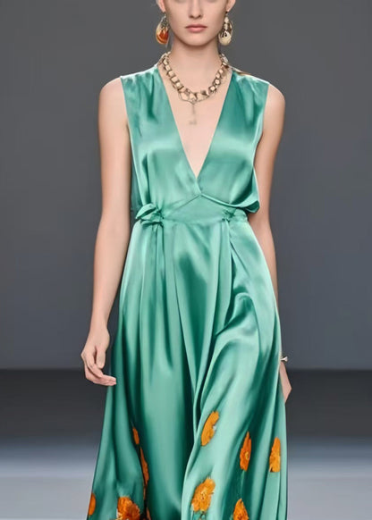 Silm Fit Green V Neck Print Silk Vacation Dresses Sleeveless