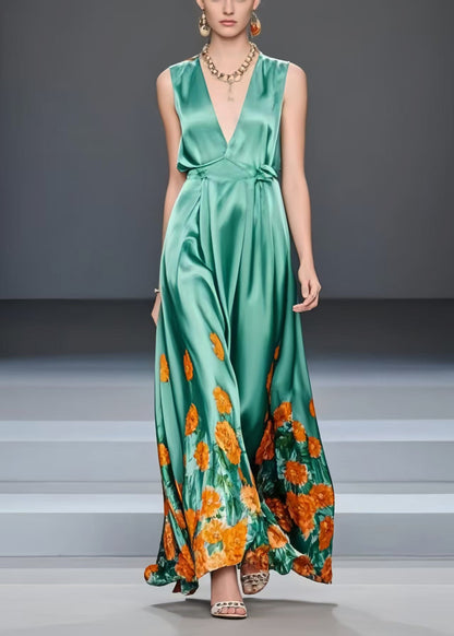 Silm Fit Green V Neck Print Silk Vacation Dresses Sleeveless