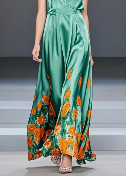 Silm Fit Green V Neck Print Silk Vacation Dresses Sleeveless