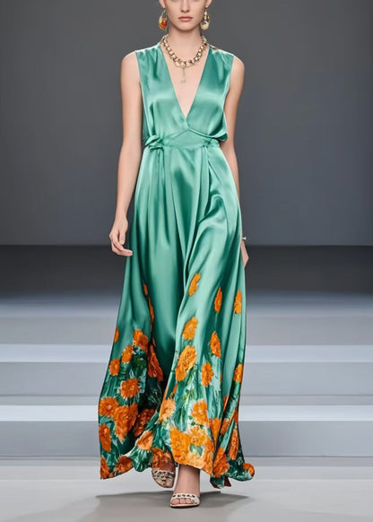 Silm Fit Green V Neck Print Silk Vacation Dresses Sleeveless