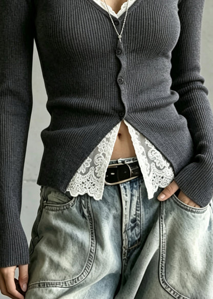Silm Fit Grey V Neck Lace Patchwork Knit Cardigans Fall