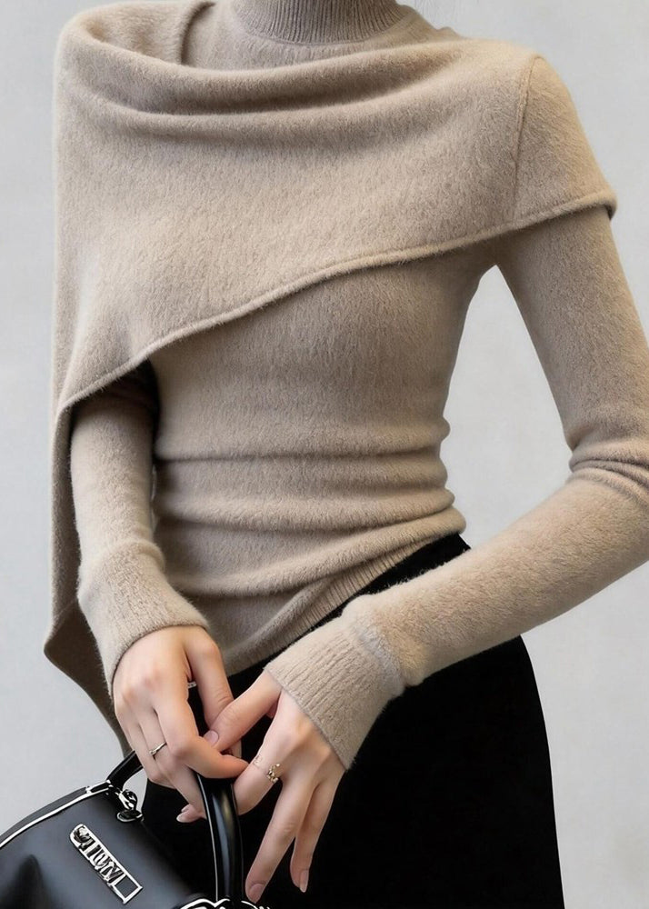 Silm Fit Khaki High Neck Shawl Knit Sweaters Spring