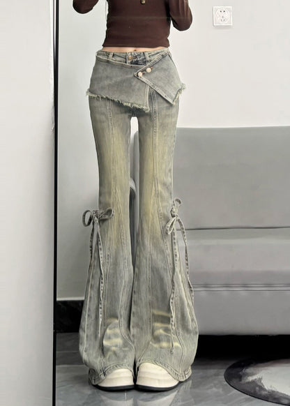 Silm Fit Light Blue Denim Flare Bottoms Pants Skirt Spring