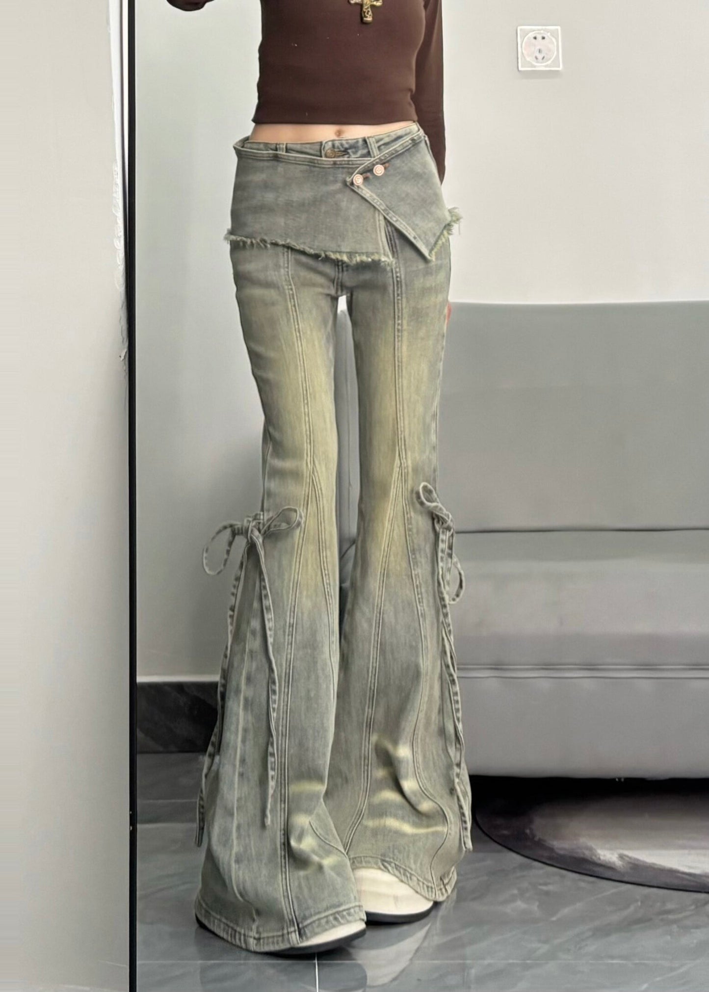 Silm Fit Light Blue Denim Flare Bottoms Pants Skirt Spring