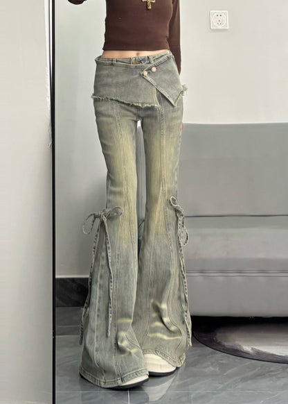 Silm Fit Light Blue Denim Flare Bottoms Pants Skirt Spring