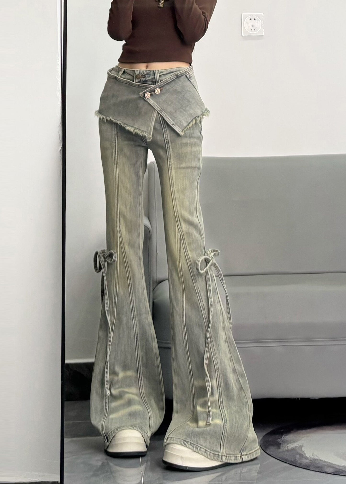 Silm Fit Light Blue Denim Flare Bottoms Pants Skirt Spring