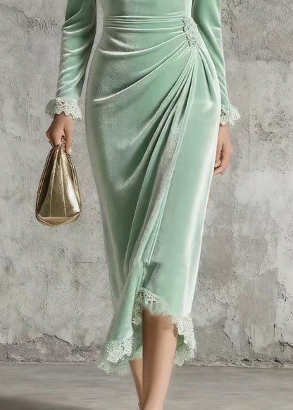 Silm Fit Light Green Lace Patchwork Wrinkled Silk Velvet Long Dress Spring