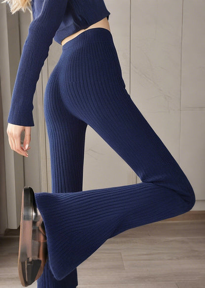 Silm Fit Navy High Elasticity Knit Bell-bottom Trousers Spring