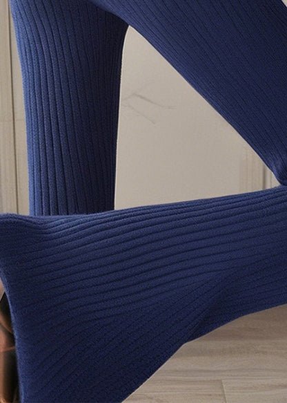 Silm Fit Navy High Elasticity Knit Bell-bottom Trousers Spring