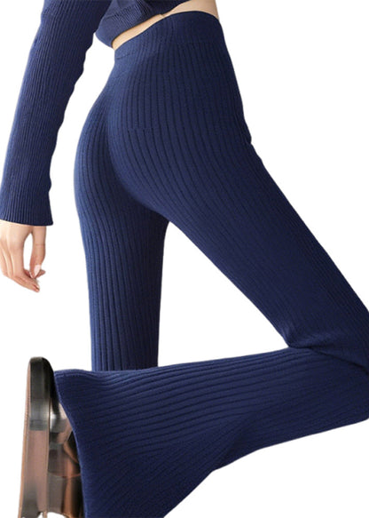 Silm Fit Navy High Elasticity Knit Bell-bottom Trousers Spring