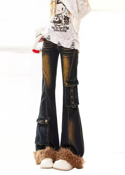 Silm Fit Navy Patchwork Pockets Faux Fur Denim Flare Bottoms Spring