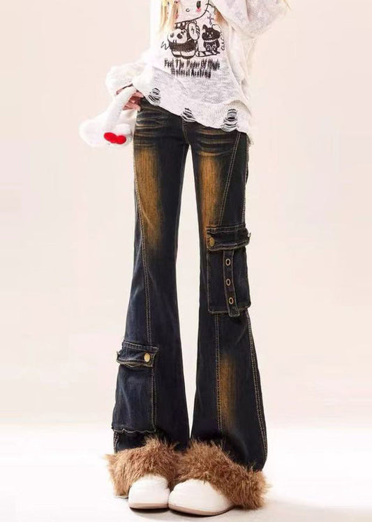 Silm Fit Navy Patchwork Pockets Faux Fur Denim Flare Bottoms Spring