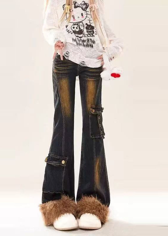 Silm Fit Navy Patchwork Pockets Faux Fur Denim Flare Bottoms Spring