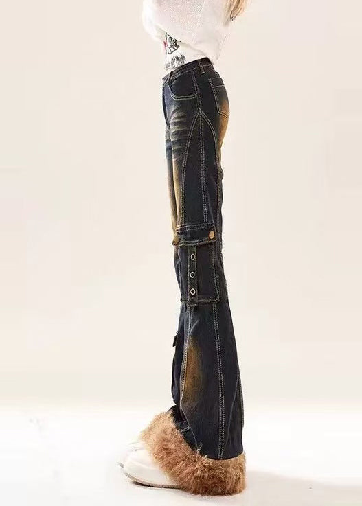 Silm Fit Navy Patchwork Pockets Faux Fur Denim Flare Bottoms Spring