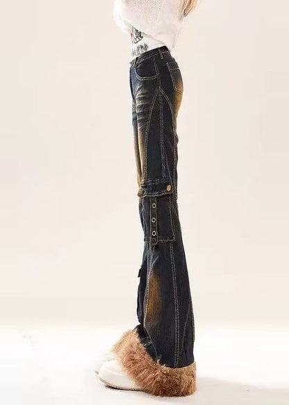 Silm Fit Navy Patchwork Pockets Faux Fur Denim Flare Bottoms Spring