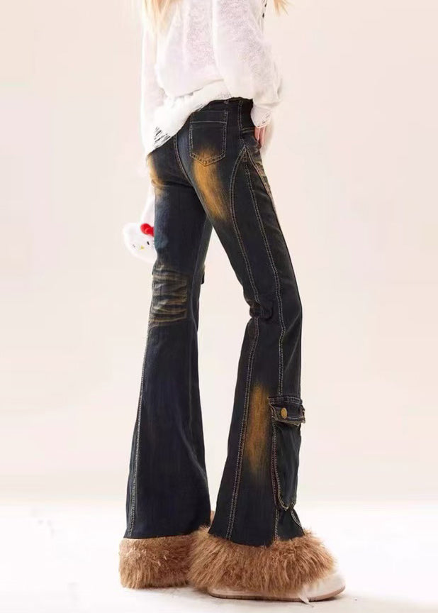 Silm Fit Navy Patchwork Pockets Faux Fur Denim Flare Bottoms Spring